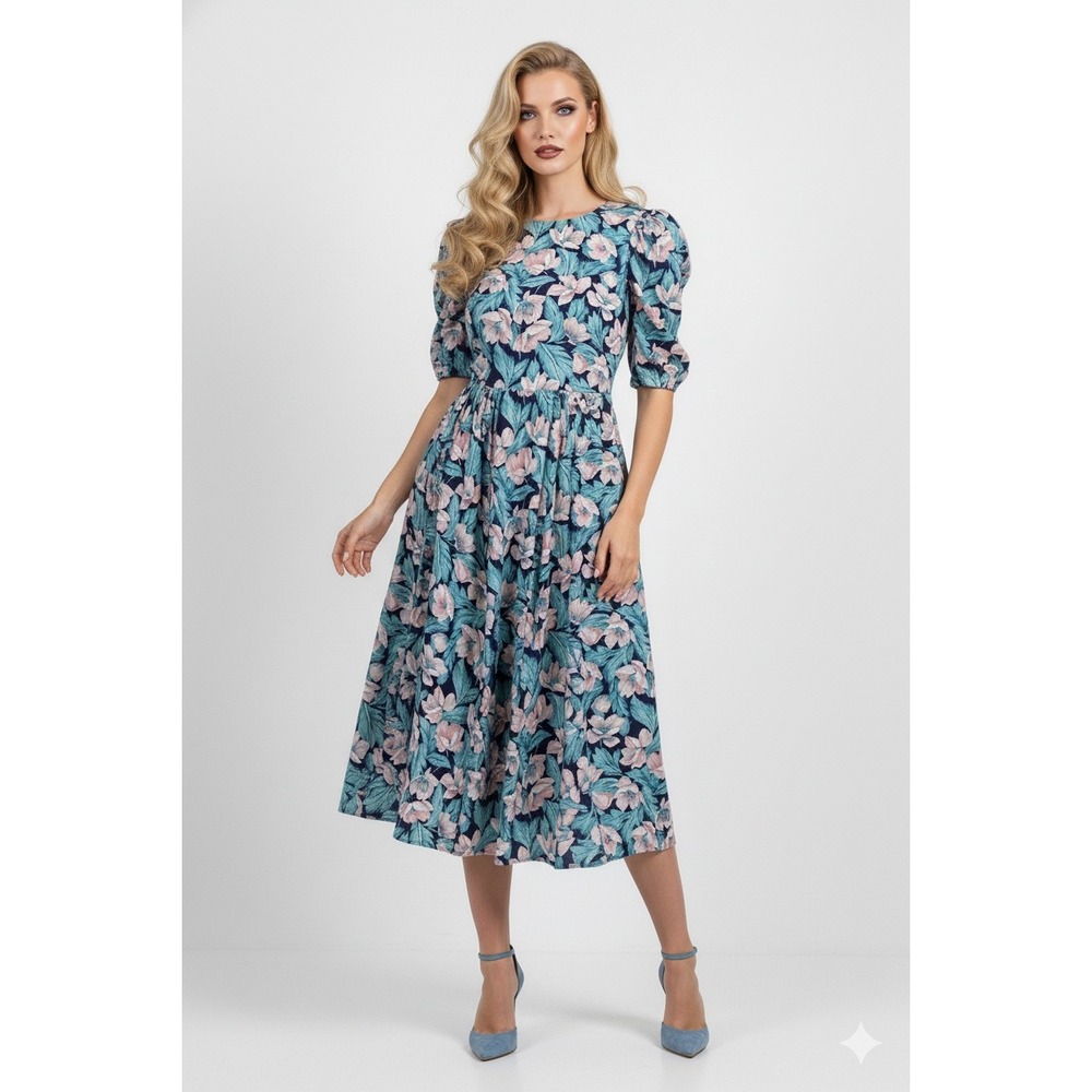 ED Michaels Dress Women 10 Blue Pink‎ Floral Retro Prairie Pinup Midi Vintage
